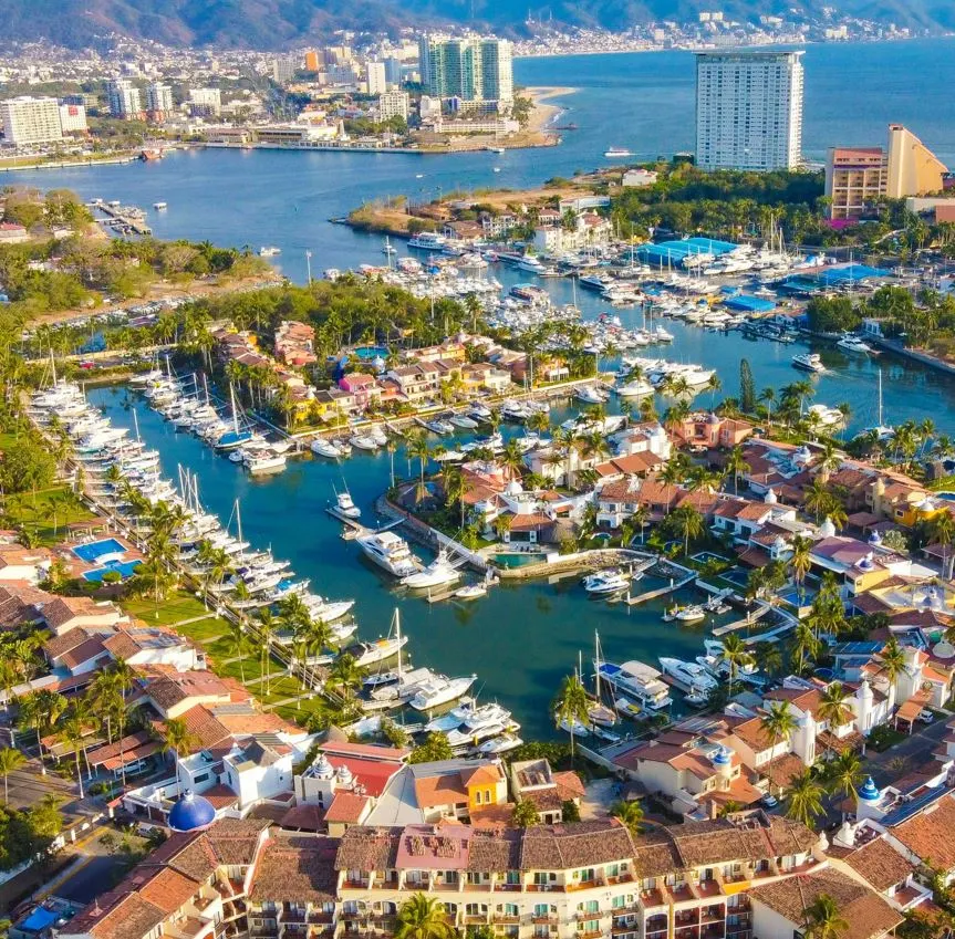 aerial view of resorts and marina puerto vallarta