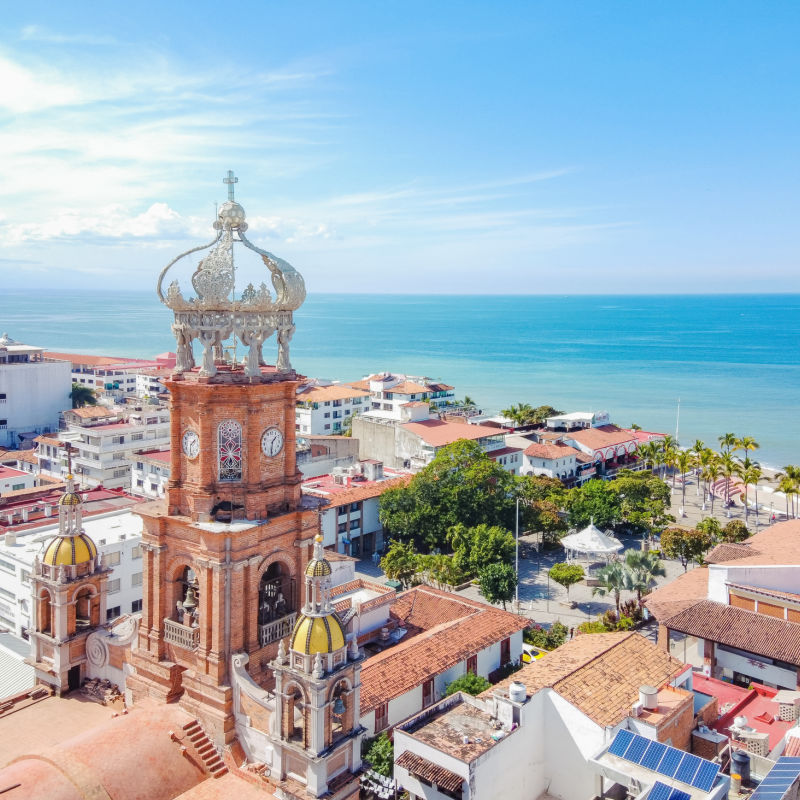 Aerial view of Puerto Vallarta with main church in the front