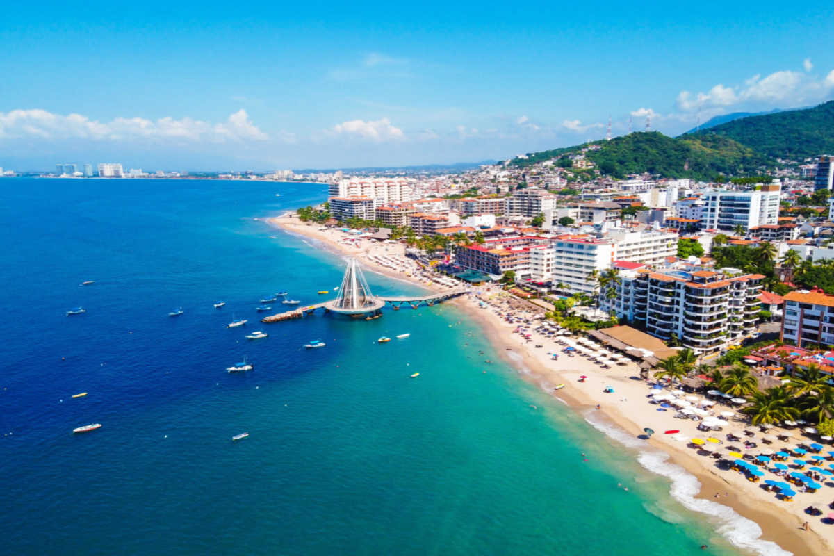 aerial view of a beautiful beach in puerto vallarta with resorts