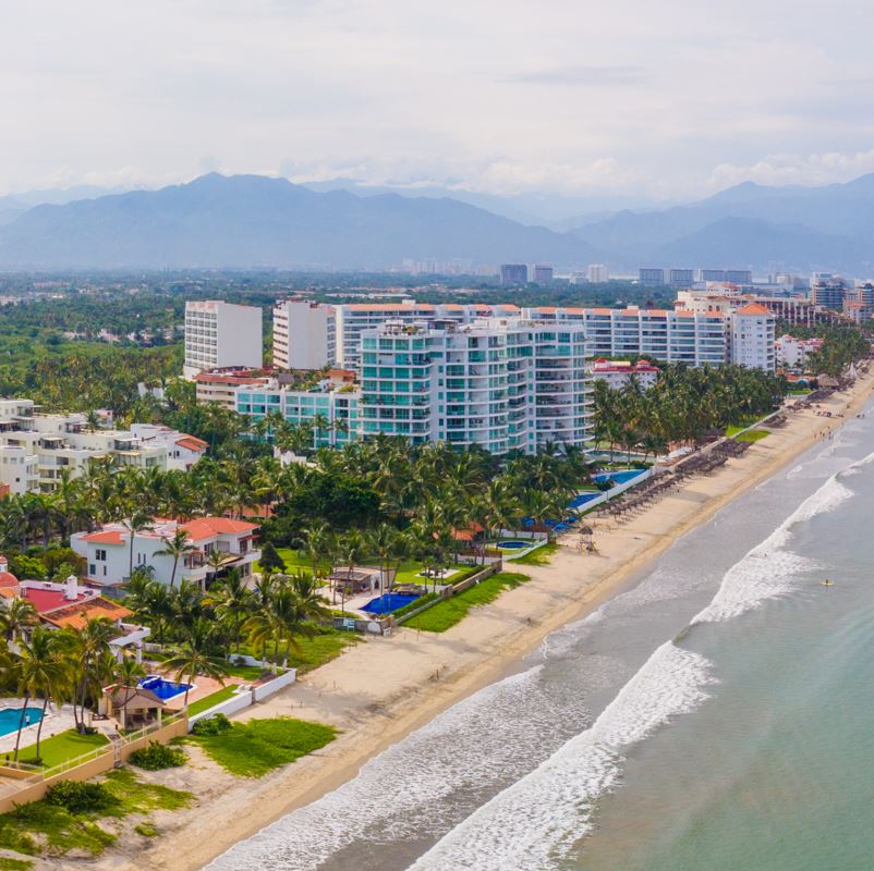 aerial view of nuevo nayarit beach with hotels and resorts
